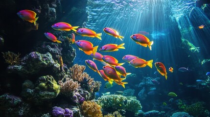 A dazzling school of colorful fish swimming through a coral reef, their vibrant scales reflecting the sunlight.