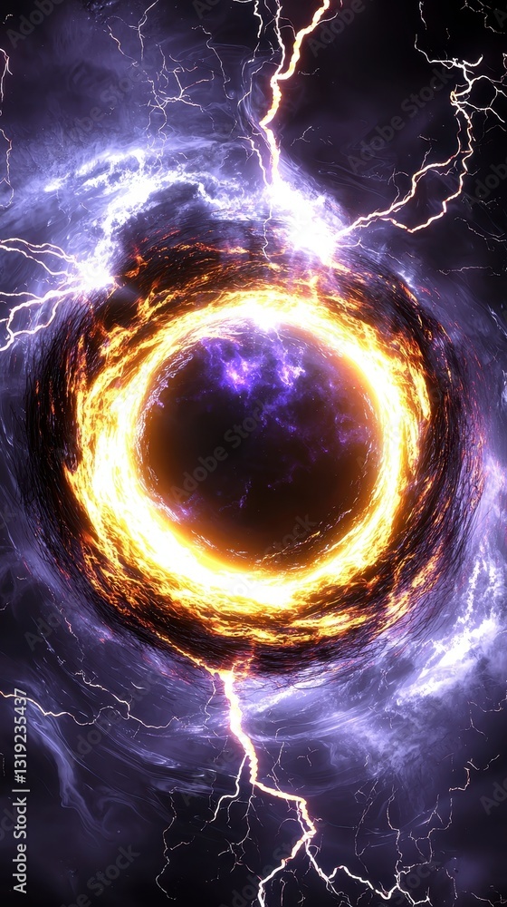 Poster mysterious black hole surrounded by lightning and a swirling accretion disk in the depths of outer s