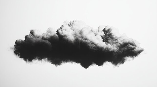 Wispy black cloud with soft gradients, abstractly floating on a white minimalist canvas 