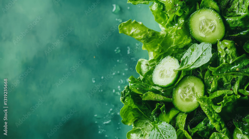 Poster fresh green salad with cucumber slices on a vibrant background