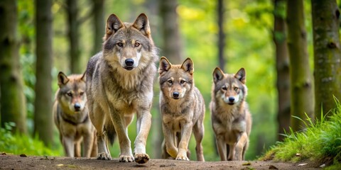 Obraz premium A pack of wolves confidently striding through a verdant forest, their eyes fixed ahead, exhibiting a powerful presence in nature's realm