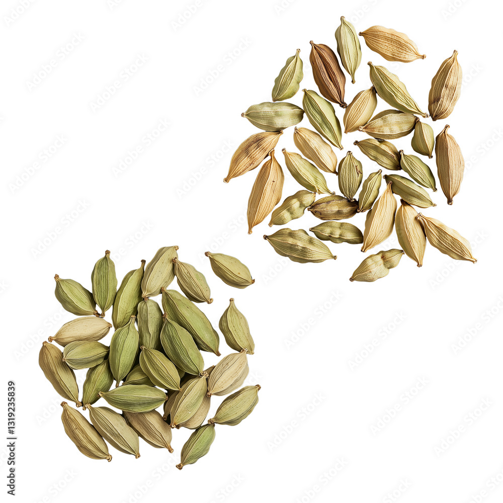 Poster cardamom pods in varying shades showcasing their unique textures and shapes. isolated on white backg