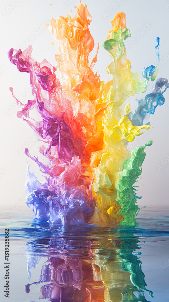 Poster vibrant rainbow-colored ink swirls in water, creating a dynamic, abstract composition. the image sho