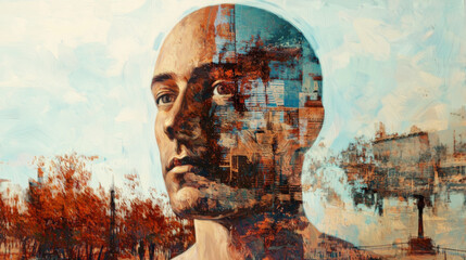 This artwork features surreal representation of human head, blending elements of nature and urban landscapes, evoking sense of introspection and connection between humanity and environment