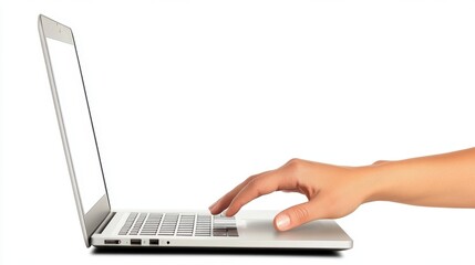 Woman using laptop with blank white screen, isolated on white background. Female hand using laptop with blank white screen, isolated on white background.