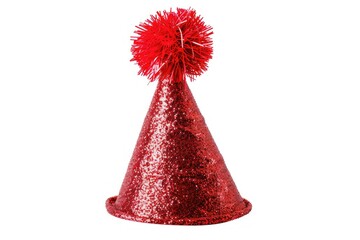 Red Festive Shiny Cone Shaped Hat with Pompom Isolated on White Background