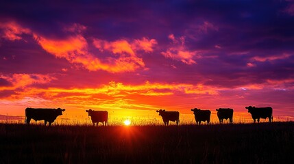 A dramatic sunset over a cow farm, with silhouettes of grazing cows against a fiery orange and purple sky, creating a serene countryside scene.