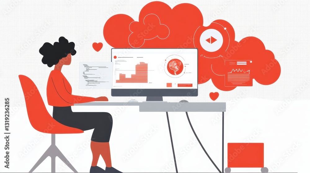 Poster woman focused on working at computer representing business optimization and productivity with clear 