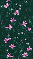 Obraz premium Soft pink blossoms, verdant leaves repeating across deep green backdrop, ideal for textile, packaging, and surface design patterns