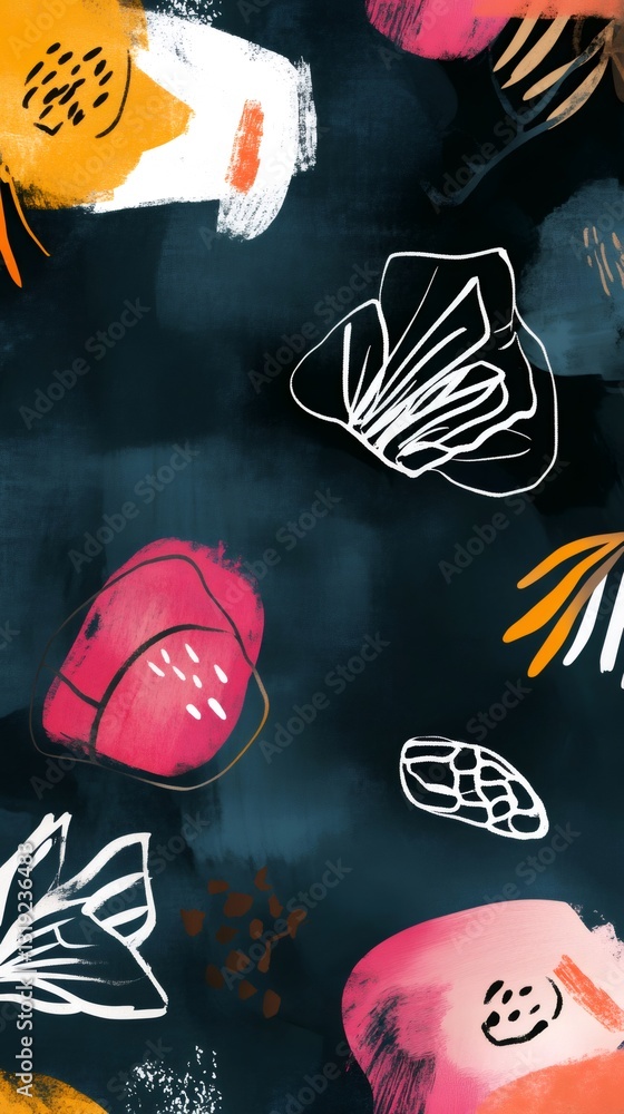 Poster seamless repeat pattern with colorful flowers and leaves creating a modern and artistic design