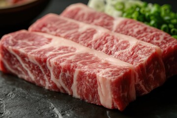 Fototapeta premium Three pieces of raw meat displayed with green garnish and ingredients