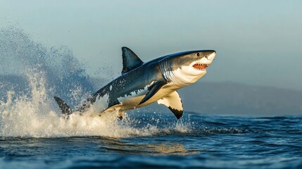 Fototapeta premium A great white shark breaching the surface, launching itself out of the water in a stunning display of power.