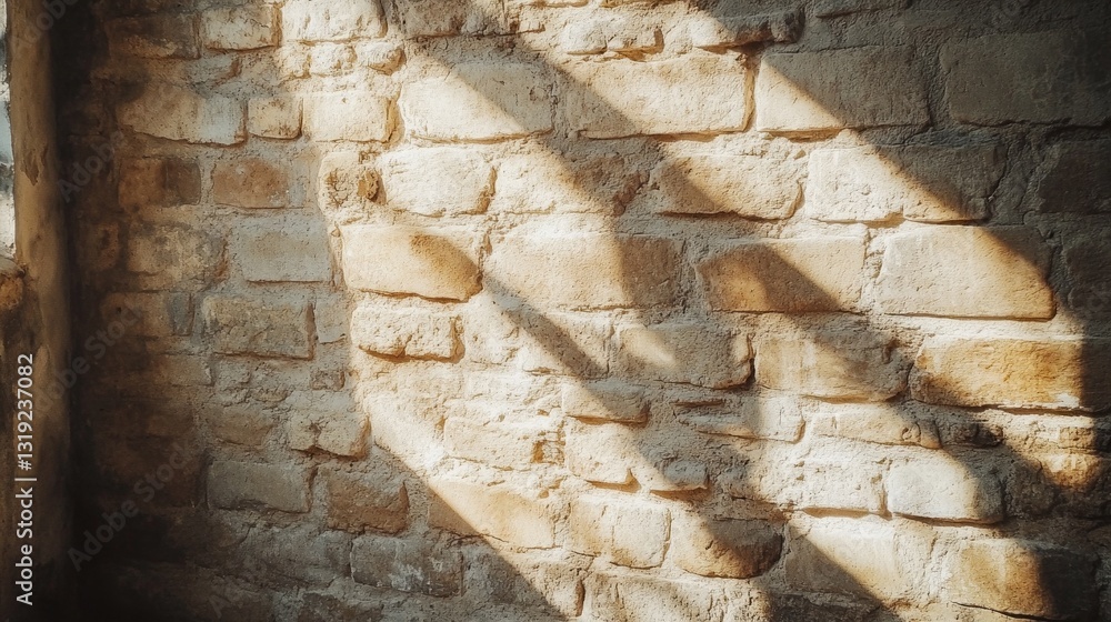 Poster Gentle beams of sunlight filter through a nearby window, creating delicate patterns and shadows on the textured surface of an antique brick wall, enhancing the room's warmth and charm