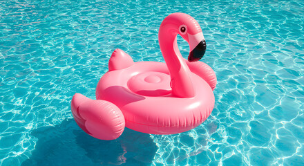 Pink inflatable flamingo float in blue turquoise swimming pool. Summer relaxation and vacation concept. Summer family water activities. Tropical resort with palm tree. Travel vacation, holiday concept