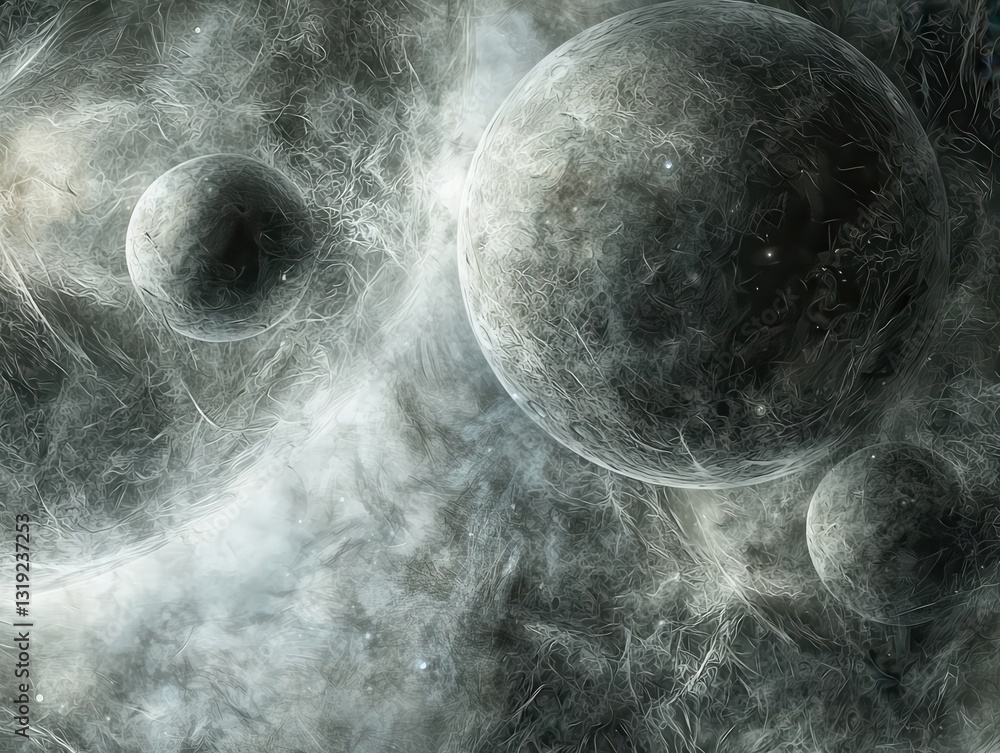Poster intricate clockwork of celestial spheres representing planets and moons in a beautiful cosmic arrang