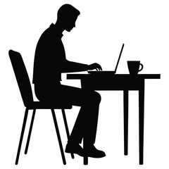 A silhouette illustration of a person sitting at a table, working on a laptop