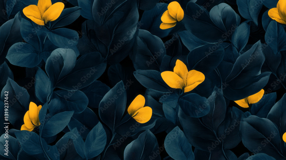Poster maximalist leaf pattern with elegant yellow accents for design and decor