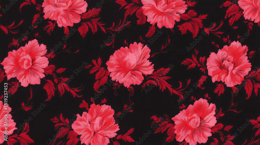 Poster elegant maximalist floral pattern with red peonies on black background for textiles