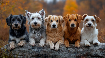 Group portrait of dogs in autumn, rustic setting, diverse breeds, pet portrait
