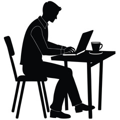 A silhouette illustration of a person sitting at a table, working on a laptop