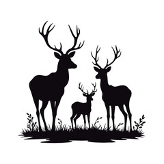 Stunning black silhouettes of various deer´s  kind  roe, female, and male wild deer
