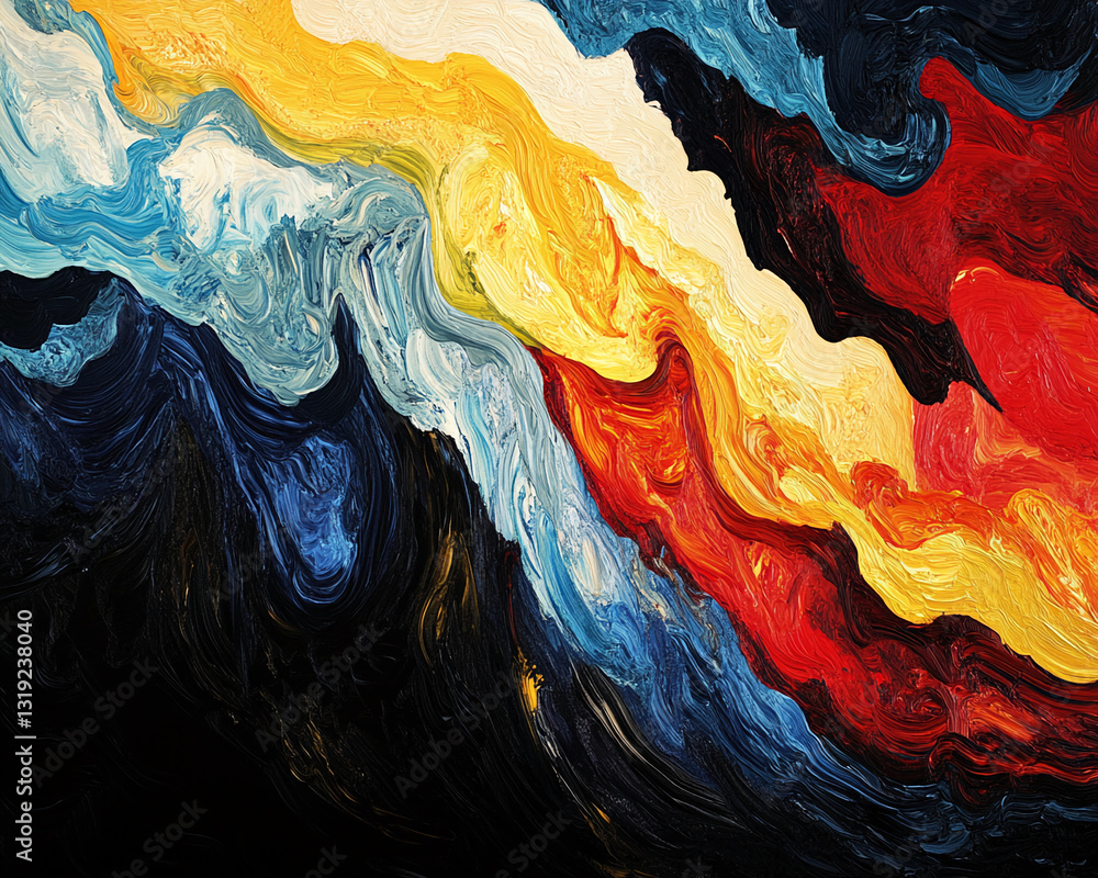 Poster abstract painting with swirling blue, red, yellow, and black paint, creating a dynamic and energetic