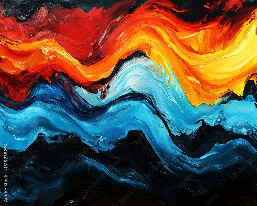 Aufkleber Abstract painting with flowing red, orange, blue, and black paint strokes creating a dynamic wave-like pattern, showcasing contrasting colors and textures symbolizing energy and movement