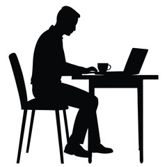 A silhouette illustration of a person sitting at a table, working on a laptop