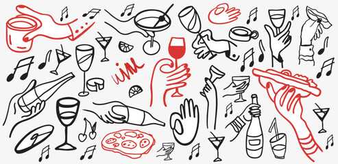 Isolated vector set of wine and alcoholic beverage glasses and tumblers. Hand drawn sketch.Red and black drawing on white background.Cocktails, martini, whiskey, cognac. Wine appetisers, cheese