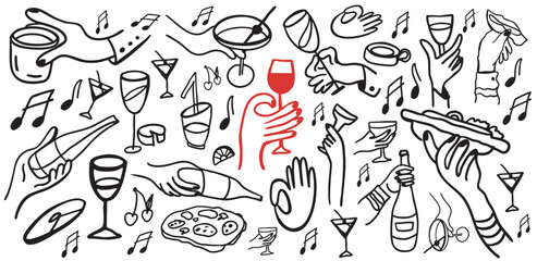 Isolated vector set of wine and alcoholic beverage glasses and tumblers. Hand drawn sketch.Red and black drawing on white background.Cocktails, martini, whiskey, cognac. Wine appetisers, cheese