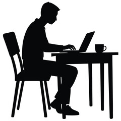 A silhouette illustration of a person sitting at a table, working on a laptop