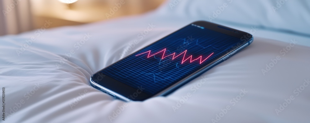 Poster a smartphone displaying a heartbeat graph rests on a soft pillow, symbolizing health monitoring and 