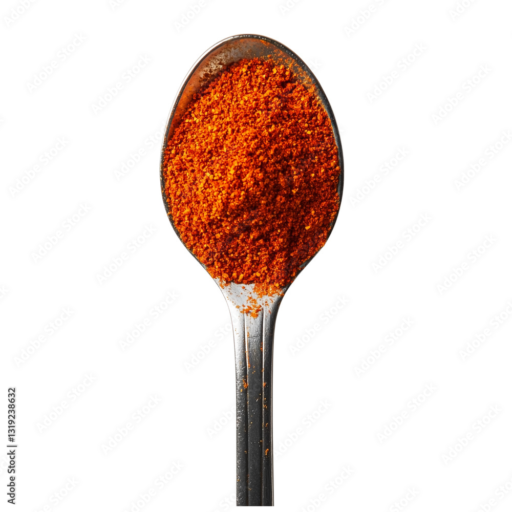 Poster a close-up of a spoonful of vibrant red spice highlighting its texture and color. isolated on white 