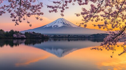 Obraz premium Cherry Blossoms and Pagoda at Sunset with Majestic Mt. Fujisan in the Background: A Stunning Spring Landscape in Japan