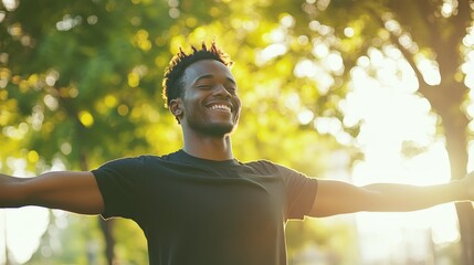 Older man smiling peacefully under golden autumn sunlight, representing wisdom, contentment, happiness, positive emotions, experience, and enjoying a fulfilled life