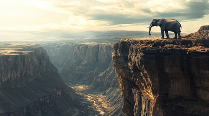 Naklejka premium A lone elephant standing at the edge of a cliff, overlooking a breathtaking canyon below.