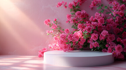 Pink bougainvillea flowers on white pedestal, dreamy floral display, romantic still life, elegant
