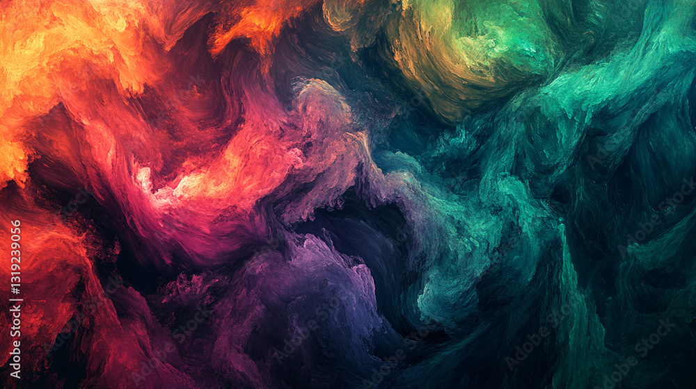 Poster abstract image with swirling orange, green, purple, and dark hues creating a dynamic, textured effec