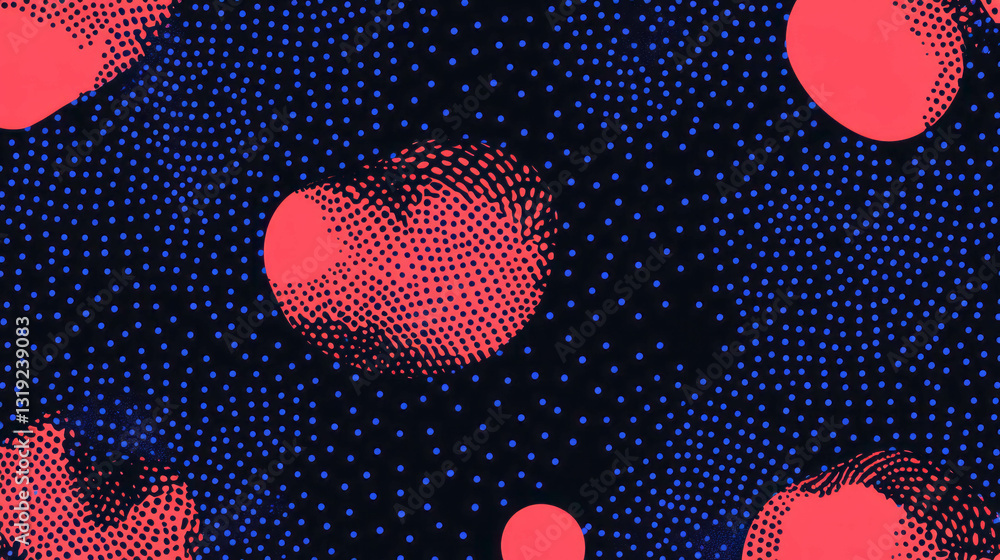 Poster dynamic polka dot pattern with elegant chaos in vibrant red and blue