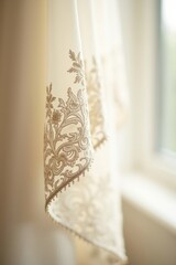 Close-up embroidered curtain with floral pattern and lace edge, featuring day-lit interior design for old-fashioned charm. Transparent textile enhances vintage softness and neat decorative style