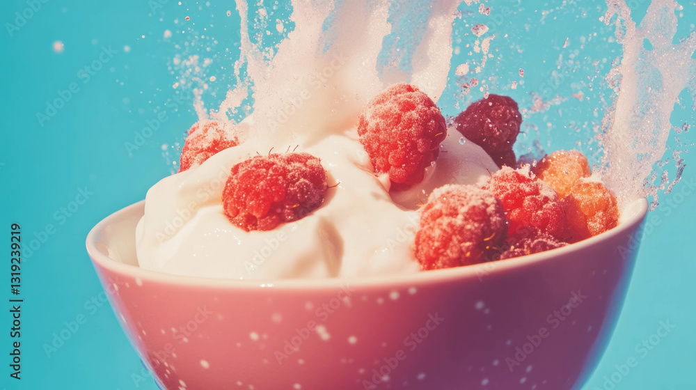 Poster quark with fresh berries on vibrant background for healthy eating and dessert concepts