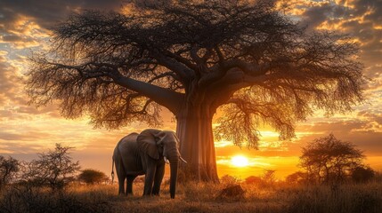 A majestic elephant standing under a massive baobab tree, framed by a breathtaking sunset.