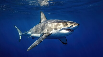 Naklejka premium A majestic great white shark swimming gracefully through the deep blue ocean, its powerful body cutting through the water.