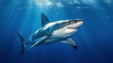 A majestic great white shark swimming gracefully through the deep blue ocean, its powerful body cutting through the water.