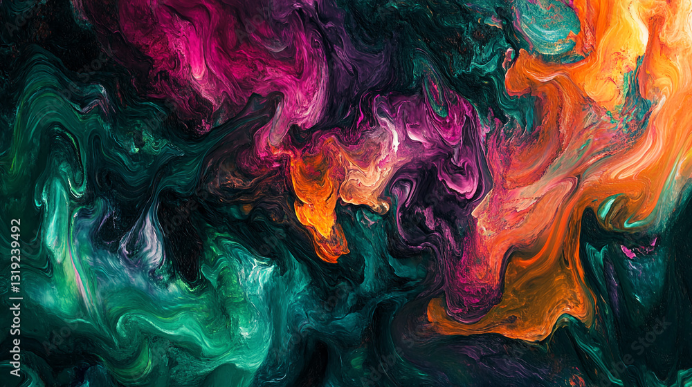 Poster abstract swirling paint texture in teal, purple, orange hues creating a dynamic, vibrant composition