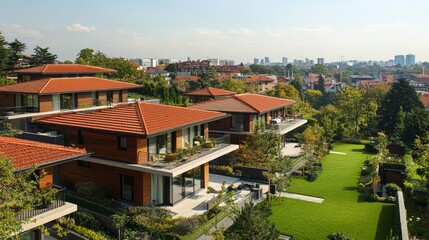 Obraz premium Modern Villas in Residential Area with Green Spaces and Blue Sky