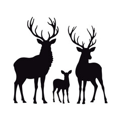 Stunning black silhouettes of various deer´s  kind  roe, female, and male wild deer
