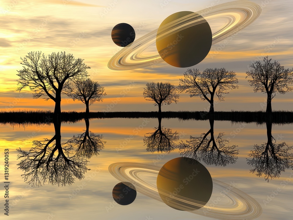 Poster serene sunset with reflection of trees and a planet above creating a cosmic fantasy scene with dream