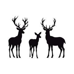 Stunning black silhouettes of various deer´s  kind  roe, female, and male wild deer
