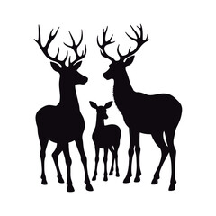 Stunning black silhouettes of various deer´s  kind  roe, female, and male wild deer
